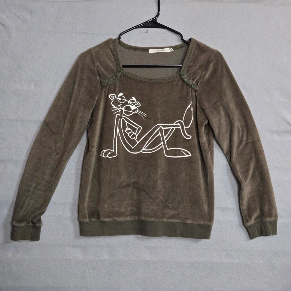 Women'Secret Pink Panther Velour Sweatshirt Square Neck Olive Pullover Size S